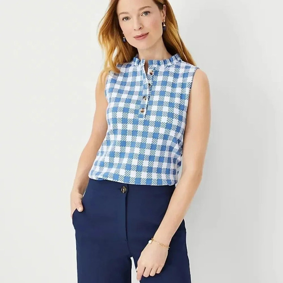 Ann Taylor Tops - Ann Taylor, New, Blue & White Plaid Ruffle Neck Button Shell Knit Top Size XL